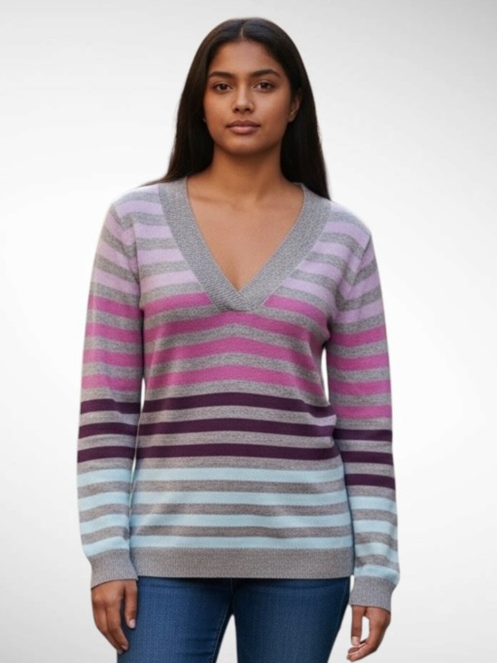 New York & Co Striped Pullover Sweater V-Neck Long Sleeves